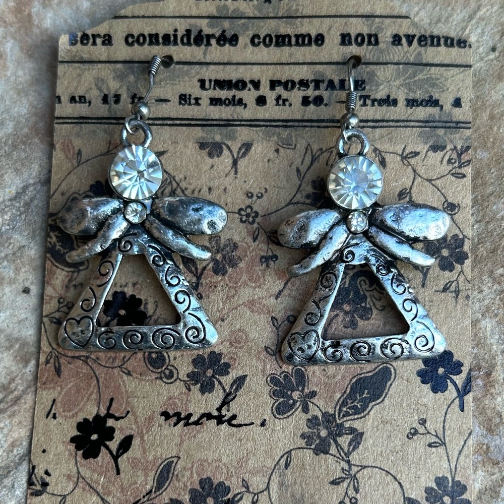 Silver Tone Angel Rhinestone Drop Earrings NWT